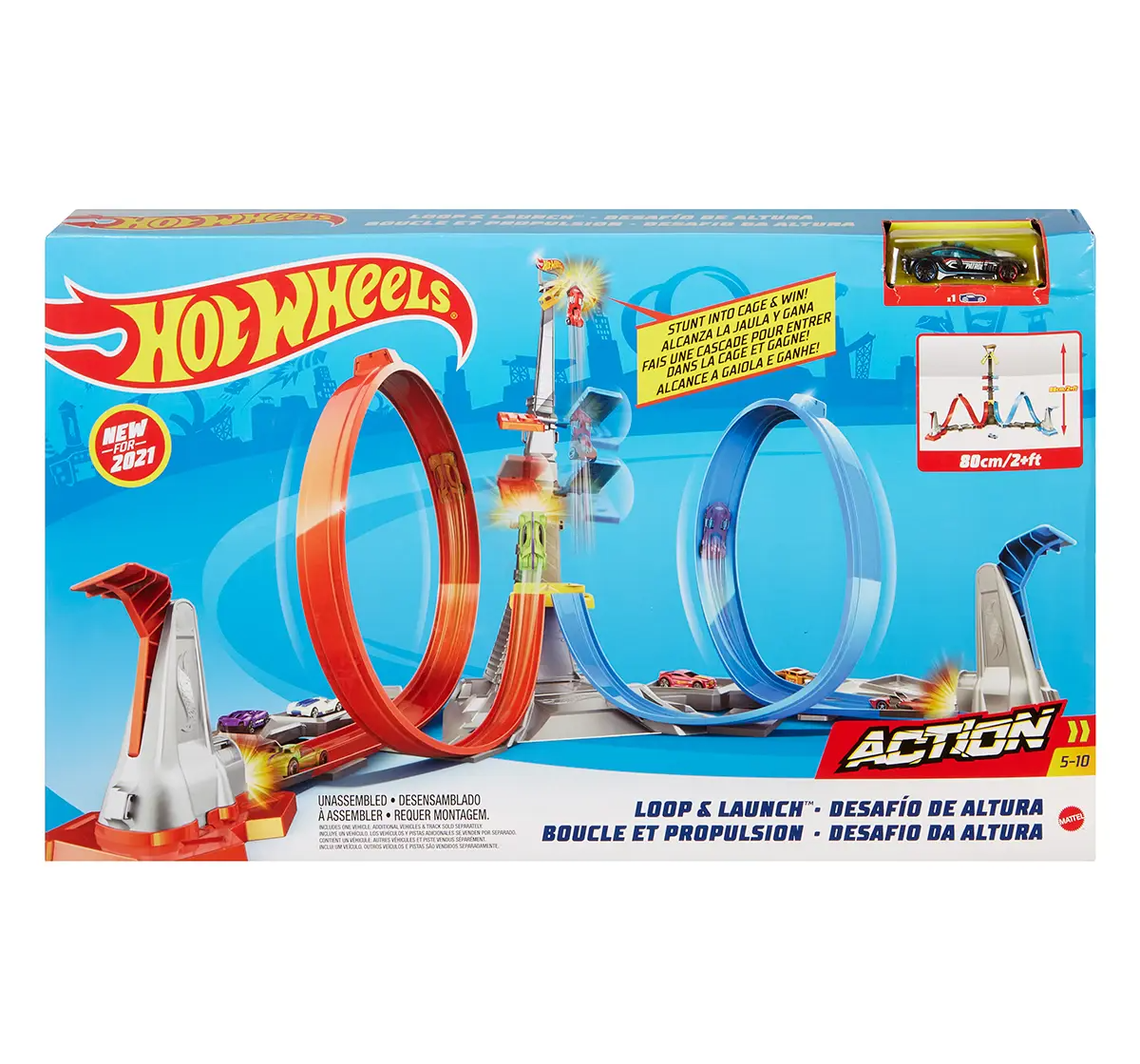 Mattel Hot Wheels Loop & Launch Track Set for Kids 5-10 Years Old with Adjustable 2-Foot-Tall Winner S Cage, Spiral Loop, & Point Panels, Simple Set-Up & Collapsible for Easy Storage GRW39