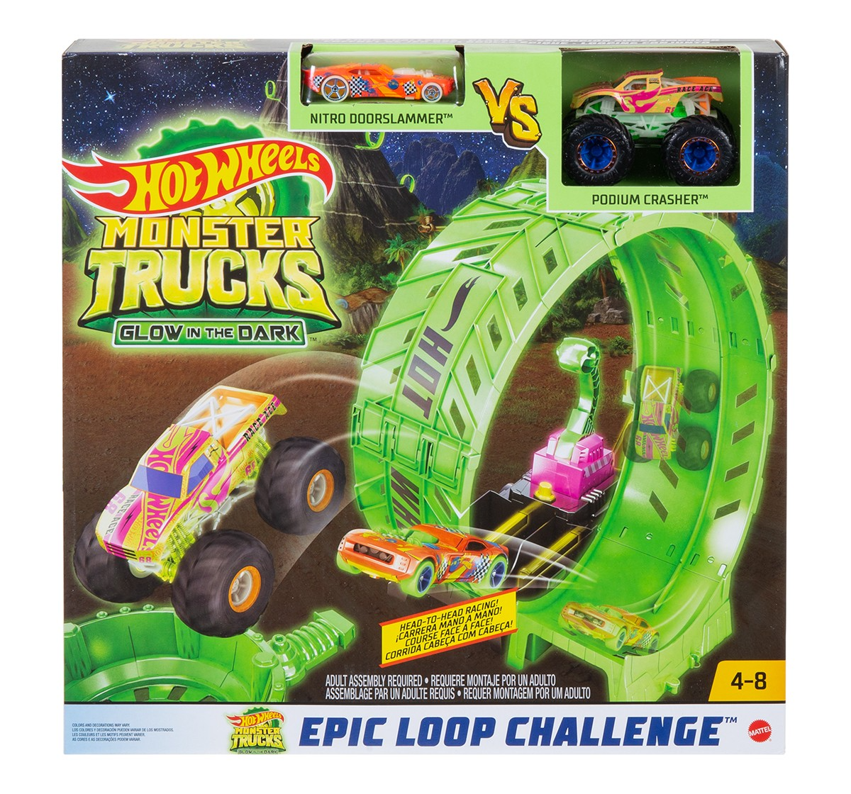 Hot Wheels® Monster Trucks Glow in The Dark Epic Loop Challenge™ Playset with Launcher, Ramp & Giant Loop, Includes 1 1:64 Scale Die-Cast Truck & 1 Car, Toy Gift for Kids 4 to 8 Years Old HBN02