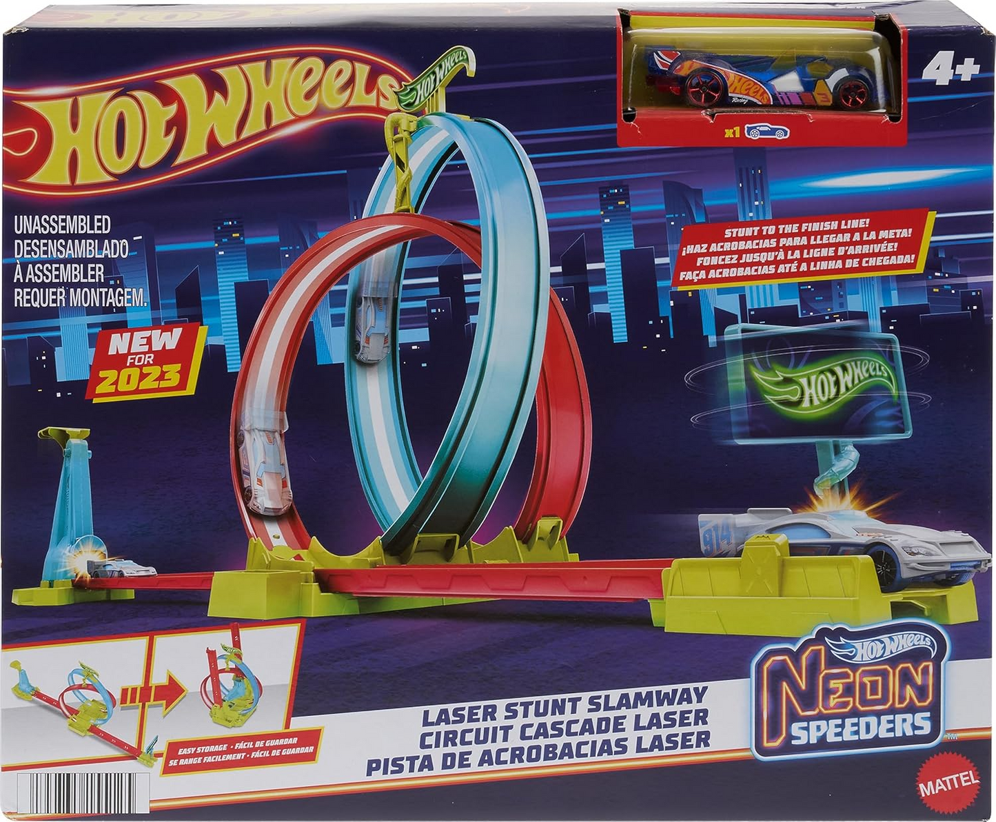 Hot Wheels® Neon Speeders™ Track Set, Laser Stunt Slamway with 1 Hot Wheels® Car, Tri-Colored Track, Connects to Other Sets, Easy Storage HPC05