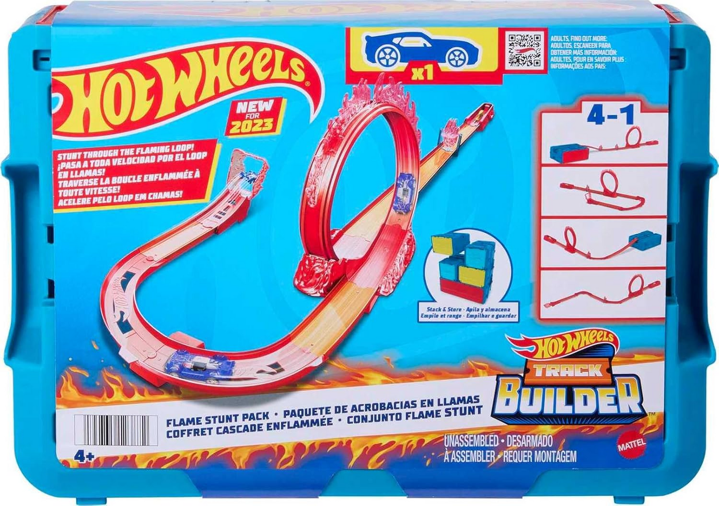 Hot Wheels® Track Set, Fire-Themed Track Set & 1 Hot Wheels® Car, 16 Track-Building and Stunting Components in Stackable Toy Storage Box HMC04