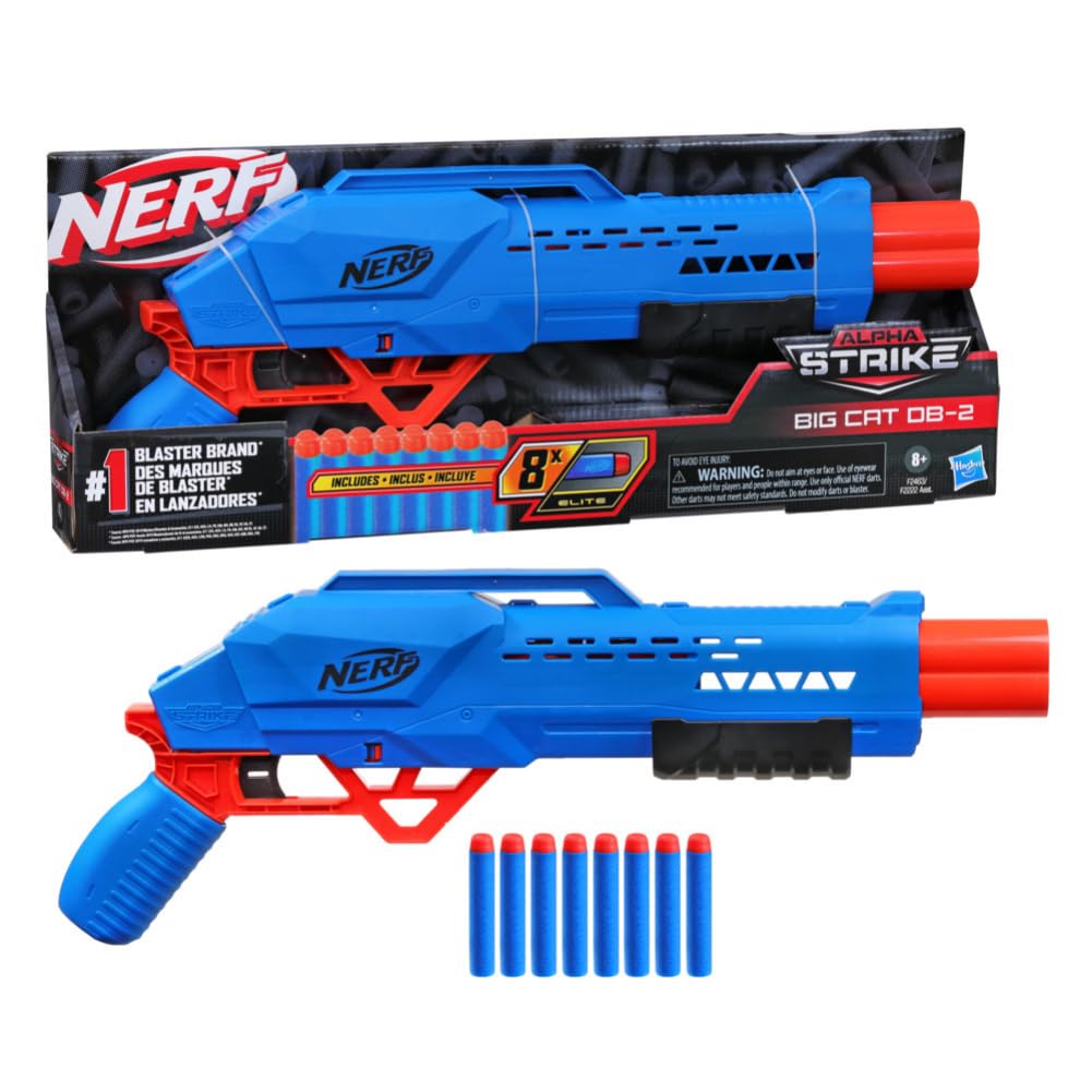 Nerf Alpha Strike Big Cat DB-2 Blaster Double-Barrel Blasting, Fires 2 Darts in a Row Includes 8 Official Nerf Elite Darts, 8Y+