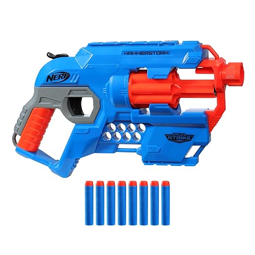 NERF Alpha Strike Hammerstorm Blaster with Hammer-Priming Action, 8-Dart Drum, 8 Darts, Multicolor, 8Y+
