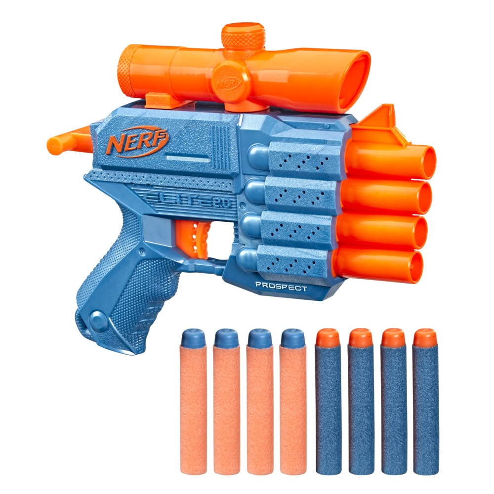 Nerf Elite 2.0 Prospect Qs-4 Blaster, 8 Official Nerf Elite Darts, 4-Dart Blasting, Nonremovable Targeting Scope, Pull-Back Priming, 8Yrs+
