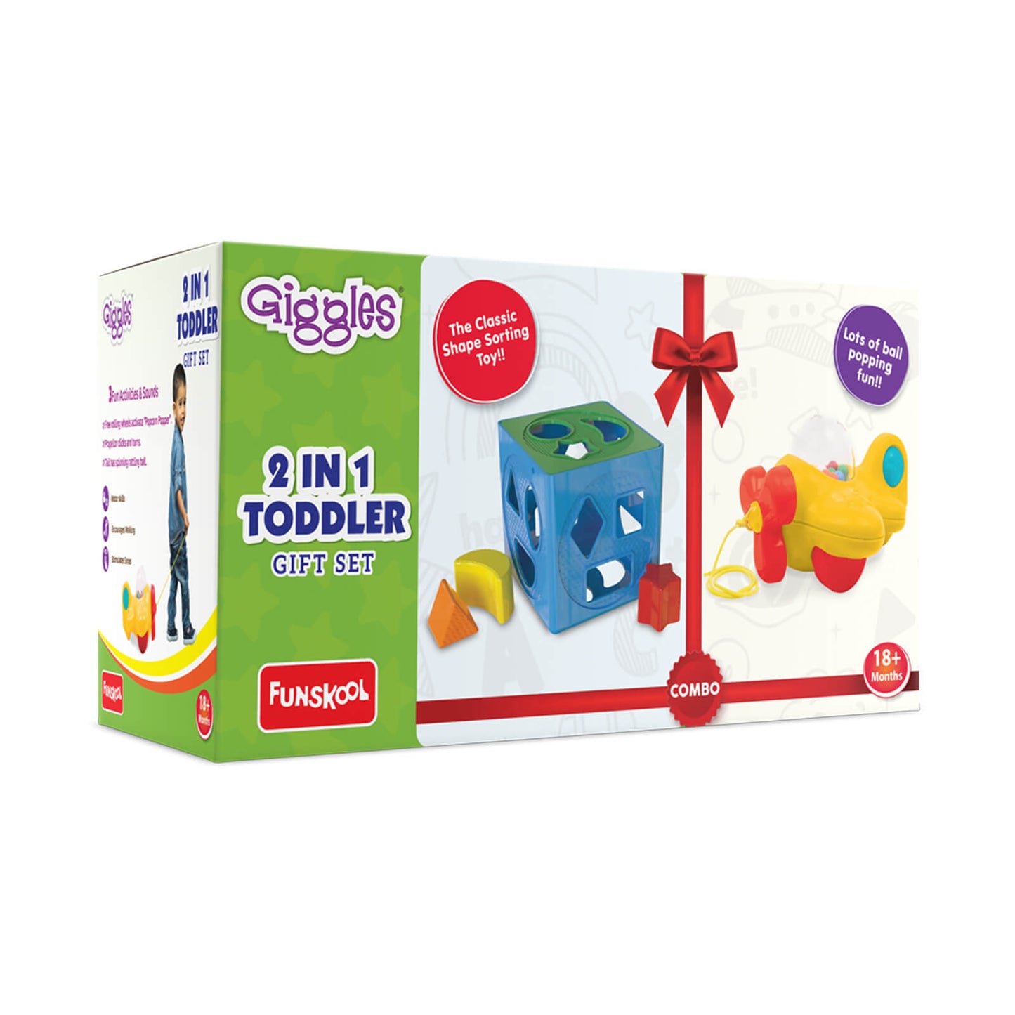 Giggles- 2 in 1 Toddler Multicolour Giftset,Shape Sorting Cube and Aeroplane Pull Along Toy, Develops Motor Skills,18 Months and Above, Infant & Pre-School Toys