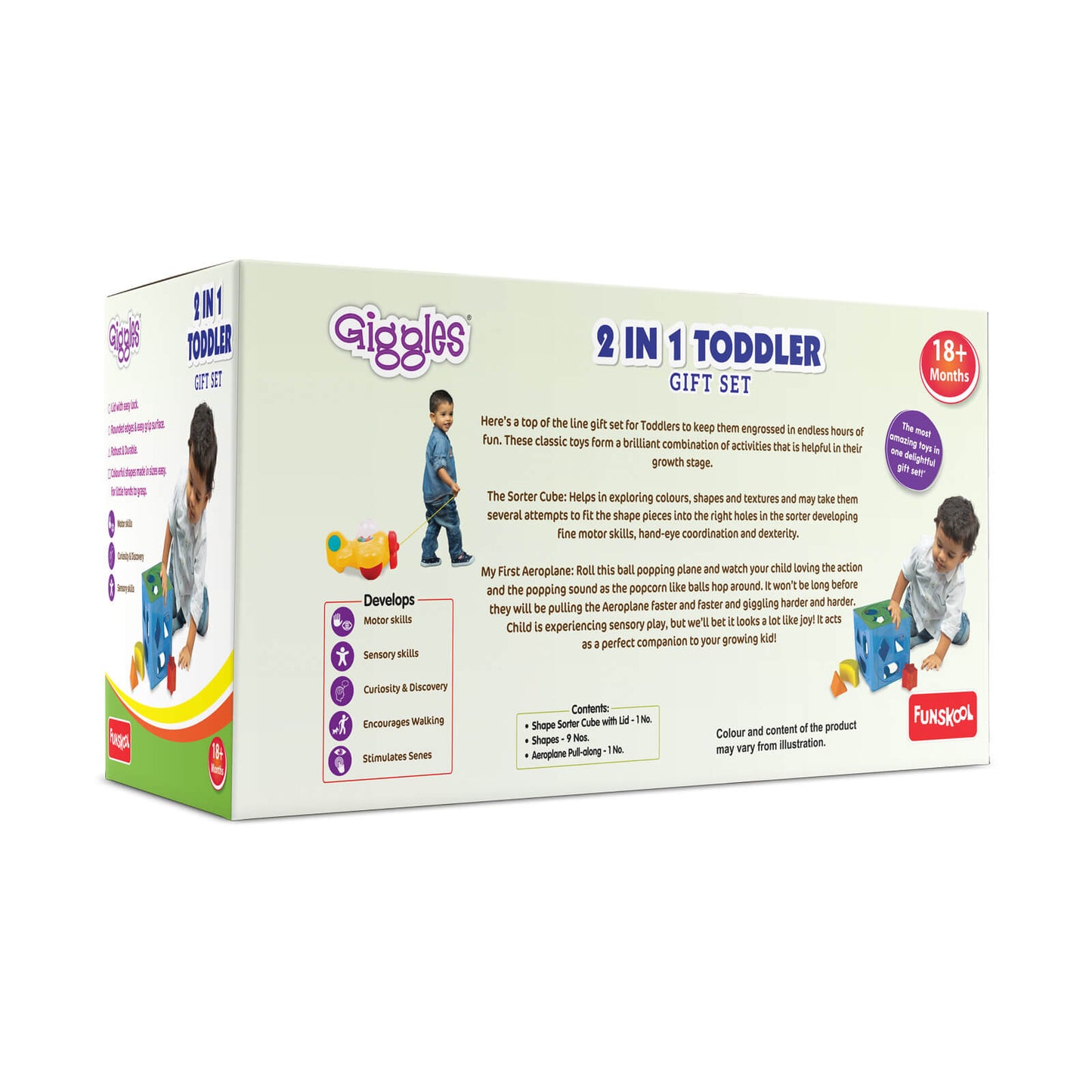 Giggles- 2 in 1 Toddler Multicolour Giftset,Shape Sorting Cube and Aeroplane Pull Along Toy, Develops Motor Skills,18 Months and Above, Infant & Pre-School Toys