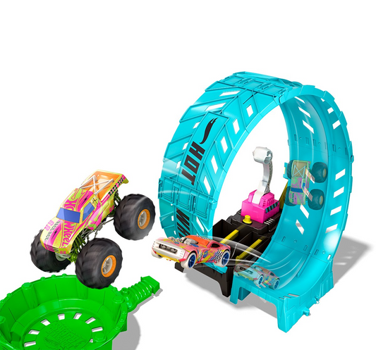 Hot Wheels® Monster Trucks Glow in The Dark Epic Loop Challenge™ Playset with Launcher, Ramp & Giant Loop, Includes 1 1:64 Scale Die-Cast Truck & 1 Car, Toy Gift for Kids 4 to 8 Years Old HBN02