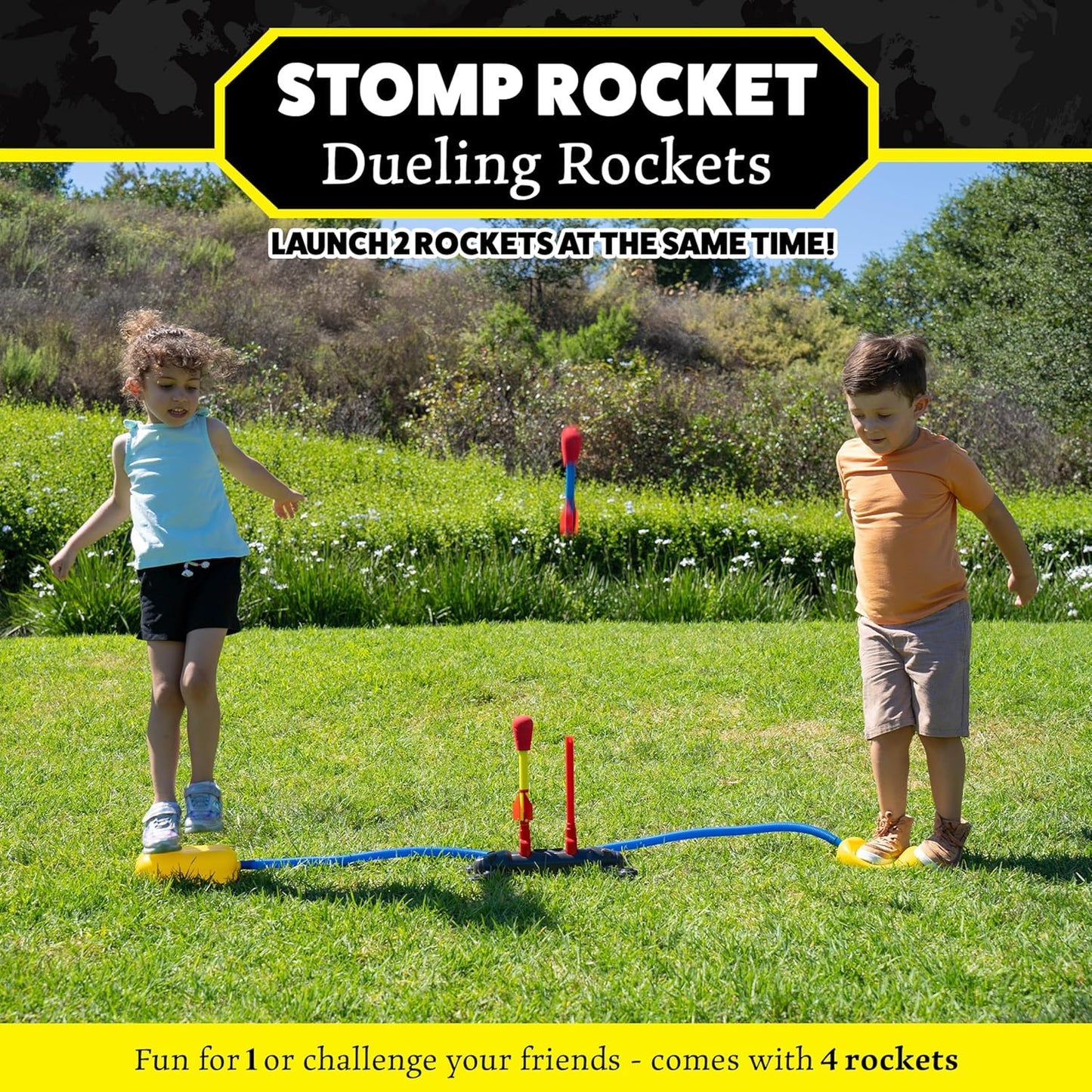 Stomp Rocket Original Dueling Rocket Launcher with 4 Flying Rockets|Soars 200Ft |Multi-Player Adjustable Launcher Stand|Outdoor Toy|Gift for Boys & Girls Age 5+|Original Now Made in India