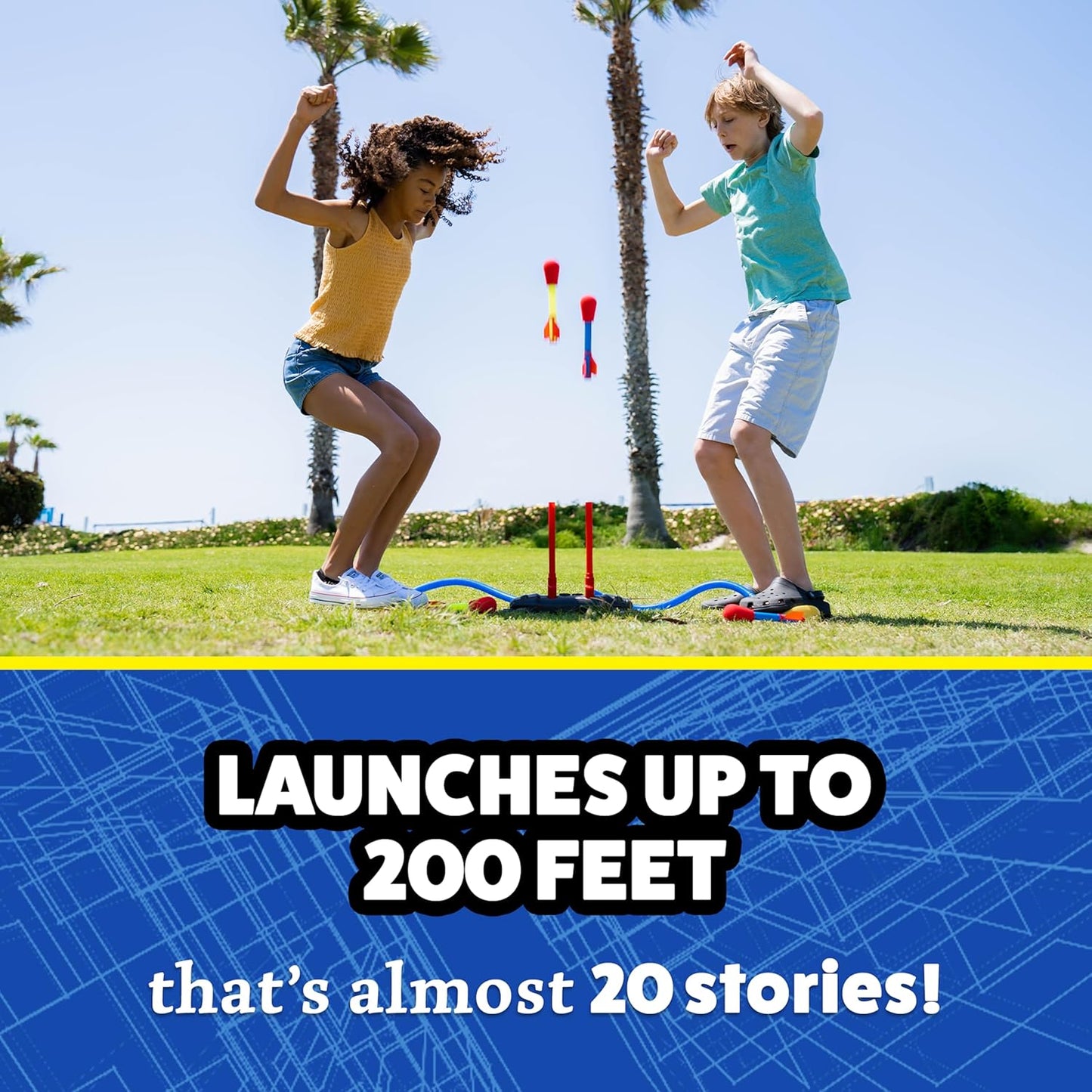 Stomp Rocket Original Dueling Rocket Launcher with 4 Flying Rockets|Soars 200Ft |Multi-Player Adjustable Launcher Stand|Outdoor Toy|Gift for Boys & Girls Age 5+|Original Now Made in India