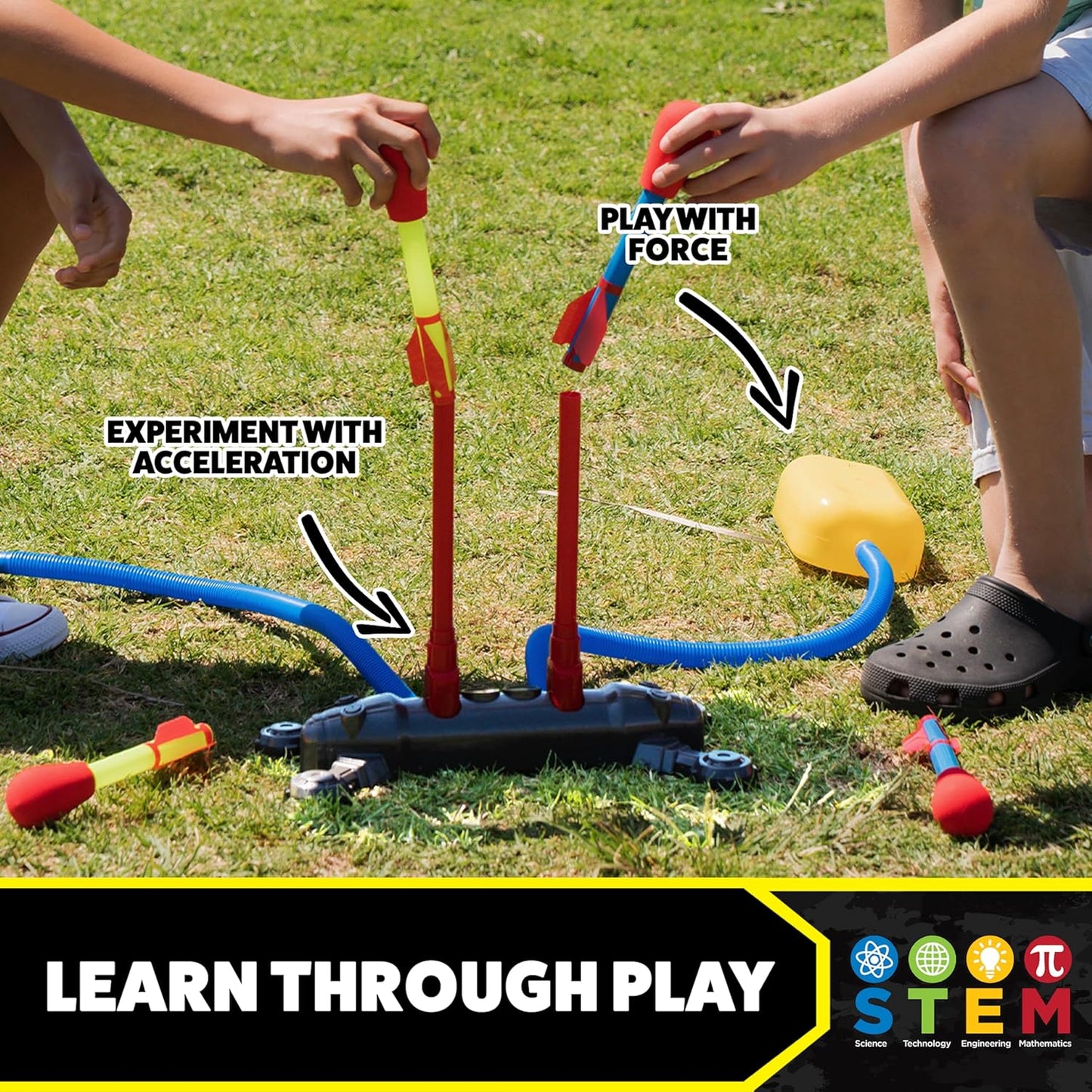 Stomp Rocket Original Dueling Rocket Launcher with 4 Flying Rockets|Soars 200Ft |Multi-Player Adjustable Launcher Stand|Outdoor Toy|Gift for Boys & Girls Age 5+|Original Now Made in India