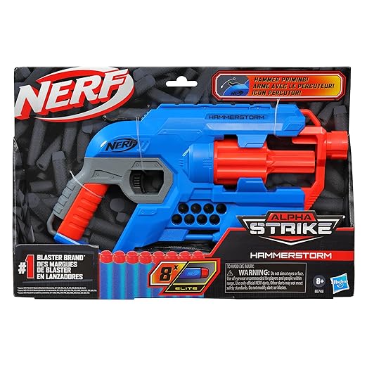 NERF Alpha Strike Hammerstorm Blaster with Hammer-Priming Action, 8-Dart Drum, 8 Darts, Multicolor, 8Y+