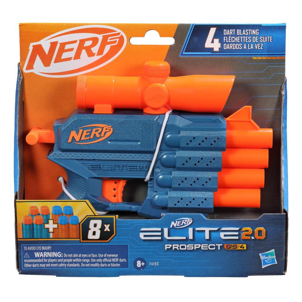 Nerf Elite 2.0 Prospect Qs-4 Blaster, 8 Official Nerf Elite Darts, 4-Dart Blasting, Nonremovable Targeting Scope, Pull-Back Priming, 8Yrs+