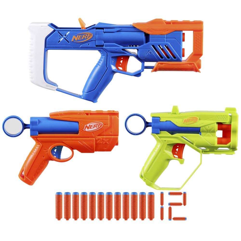 Nerf N Series Triple Action Pack, 3 Blasters, 12 Nerf N1 Darts Compatible Only with Nerf N Series Blasters, Outdoor Games for Kids, Ages 8+