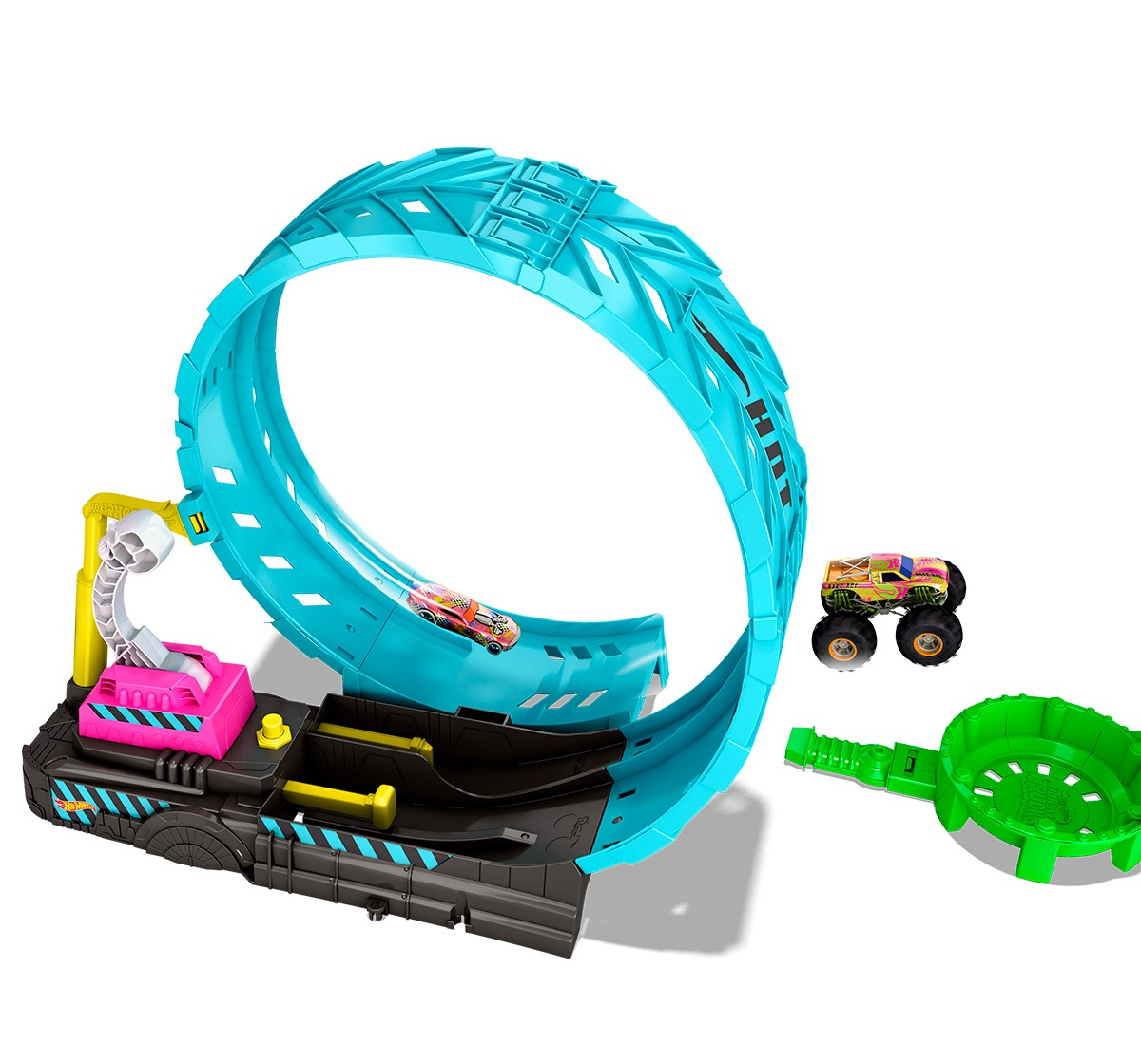 Hot Wheels® Monster Trucks Glow in The Dark Epic Loop Challenge™ Playset with Launcher, Ramp & Giant Loop, Includes 1 1:64 Scale Die-Cast Truck & 1 Car, Toy Gift for Kids 4 to 8 Years Old HBN02