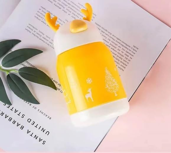 IndusBay® 1 Piece, 380 ML Leakproof Glass Bottle with Cover HeatProof Thermal Cup Portable Travel Mug Cute Glass Water Bottle for Kids, Yellow