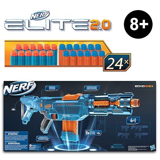 Nerf Elite 2.0 Echo CS-10 Blaster -- 24 Official Nerf Darts, 10-Dart Clip, Removable Stock and Barrel Extension, 8Y+