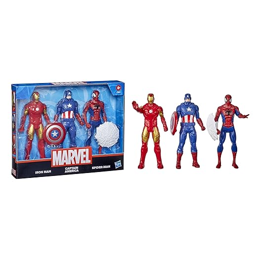 Marvel Action Figure Toy 3-Pack, 6-inch Figures, Iron Man, Spider-Man, Captain America, for Kids Ages 4&Up