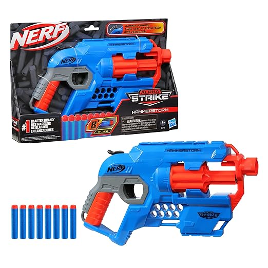 NERF Alpha Strike Hammerstorm Blaster with Hammer-Priming Action, 8-Dart Drum, 8 Darts, Multicolor, 8Y+