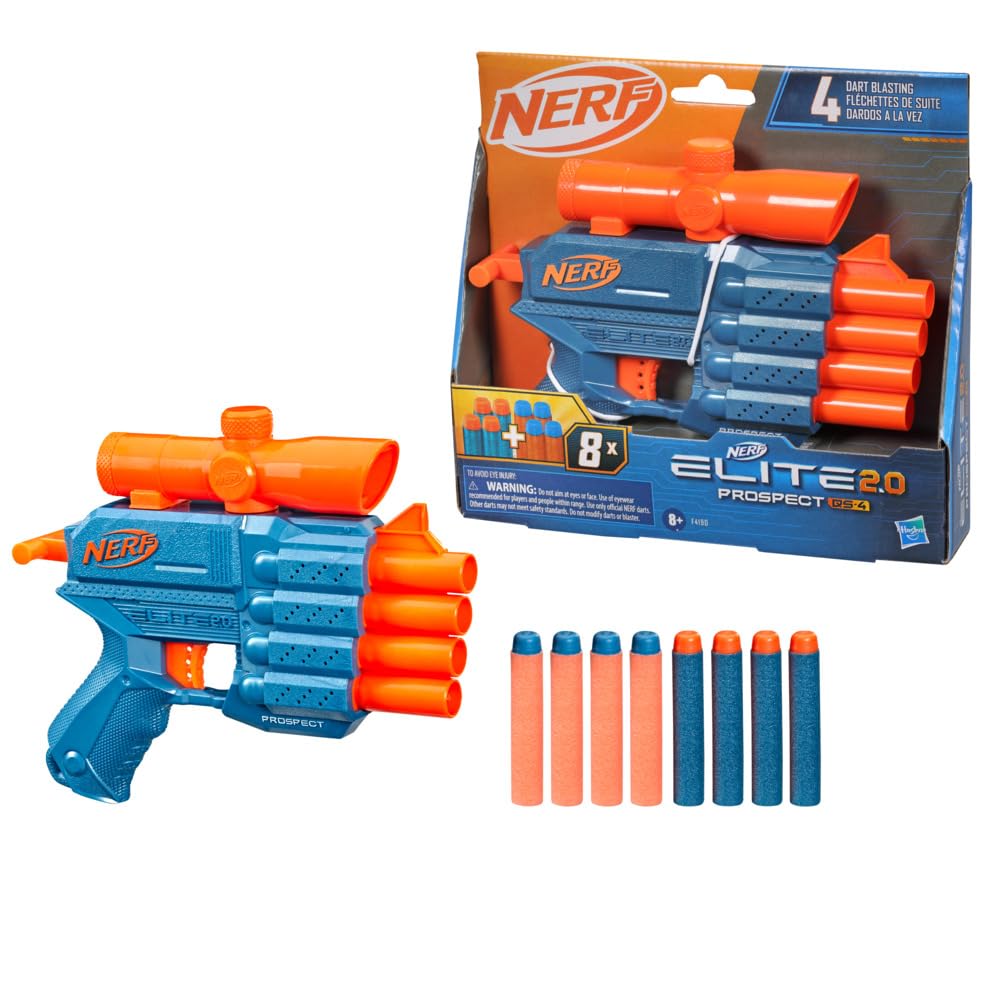 Nerf Elite 2.0 Prospect Qs-4 Blaster, 8 Official Nerf Elite Darts, 4-Dart Blasting, Nonremovable Targeting Scope, Pull-Back Priming, 8Yrs+