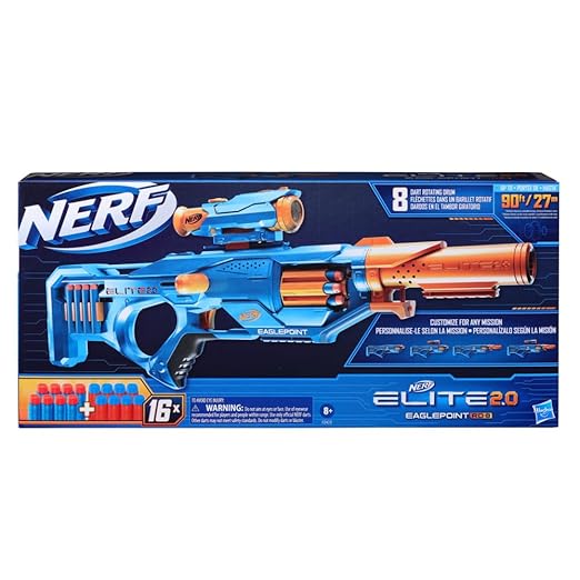 Nerf Elite 2.0 Eagle point RD 8 Blaster 8 Dart Drum, Detachable Scope and Barrel, 16 Official Nerf Elite Darts, Bolt Action, Multicolor, 8Y+
