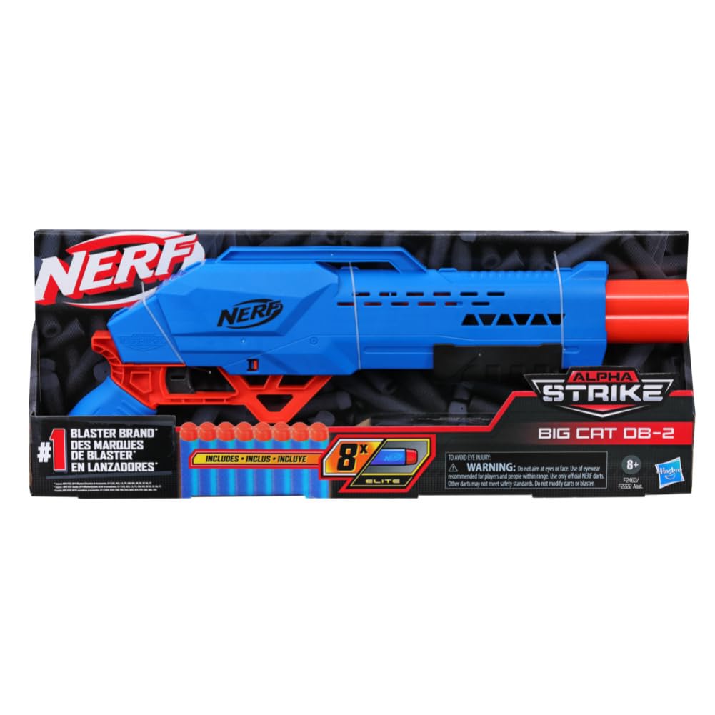 Nerf Alpha Strike Big Cat DB-2 Blaster Double-Barrel Blasting, Fires 2 Darts in a Row Includes 8 Official Nerf Elite Darts, 8Y+