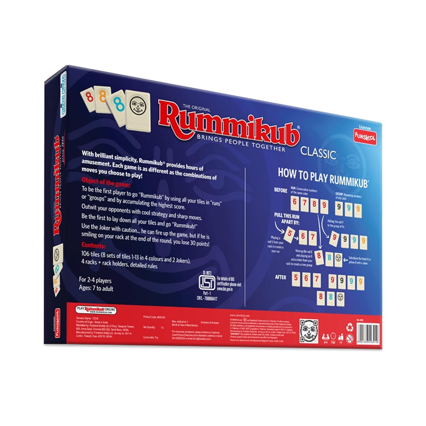 Funskool Original Rummikub Number, Classic Tile Game for Kids, 2-4 Players, Educational, Fun & Engaging, Perfect for Family Game Nights, Fast-Paced and Easy to Learn, Gift Set for Kids, Ages 7+ Years