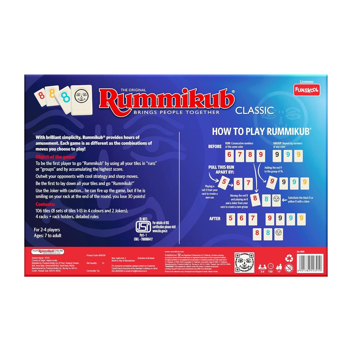 Funskool Original Rummikub Number, Classic Tile Game for Kids, 2-4 Players, Educational, Fun & Engaging, Perfect for Family Game Nights, Fast-Paced and Easy to Learn, Gift Set for Kids, Ages 7+ Years