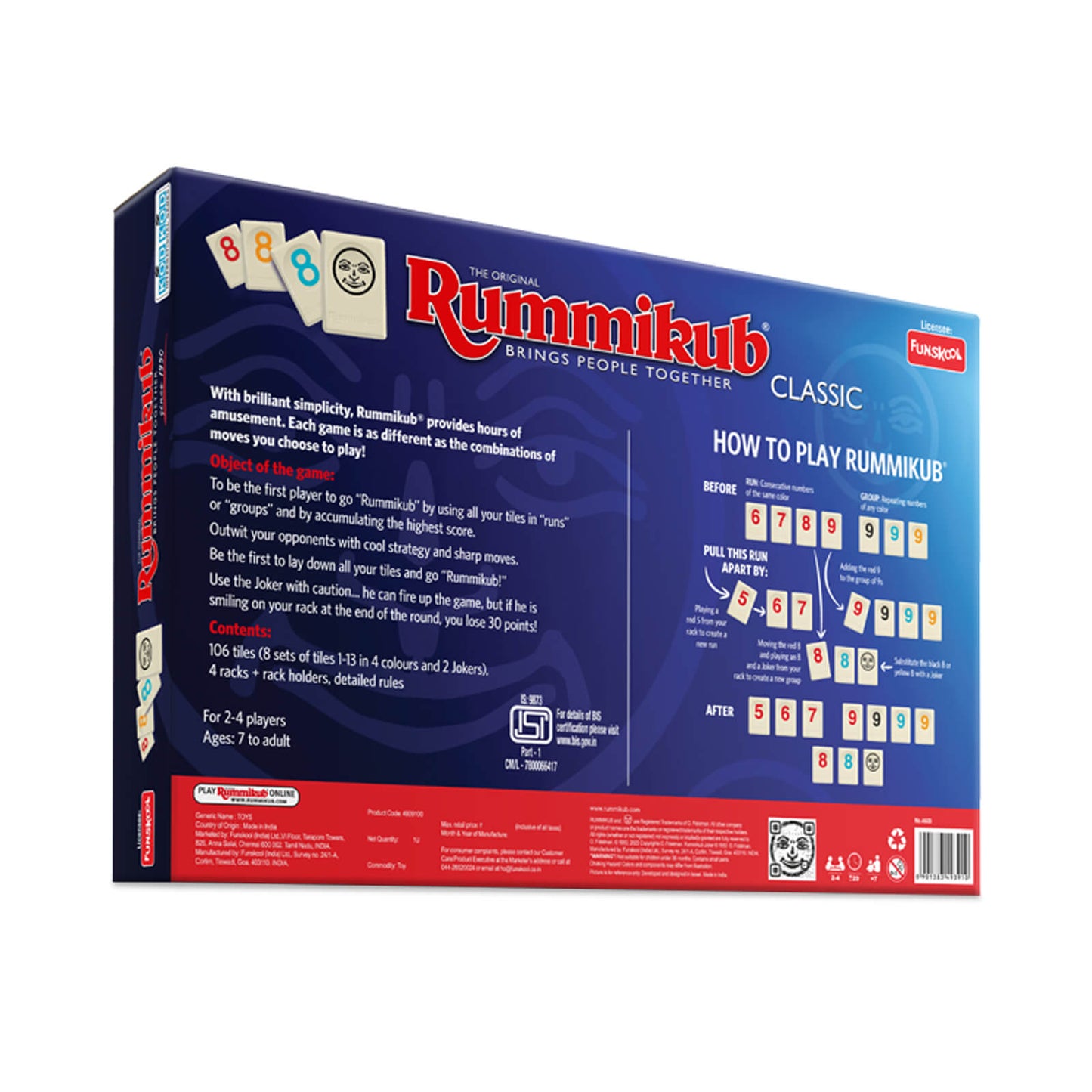 Funskool Original Rummikub Number, Classic Tile Game for Kids, 2-4 Players, Educational, Fun & Engaging, Perfect for Family Game Nights, Fast-Paced and Easy to Learn, Gift Set for Kids, Ages 7+ Years