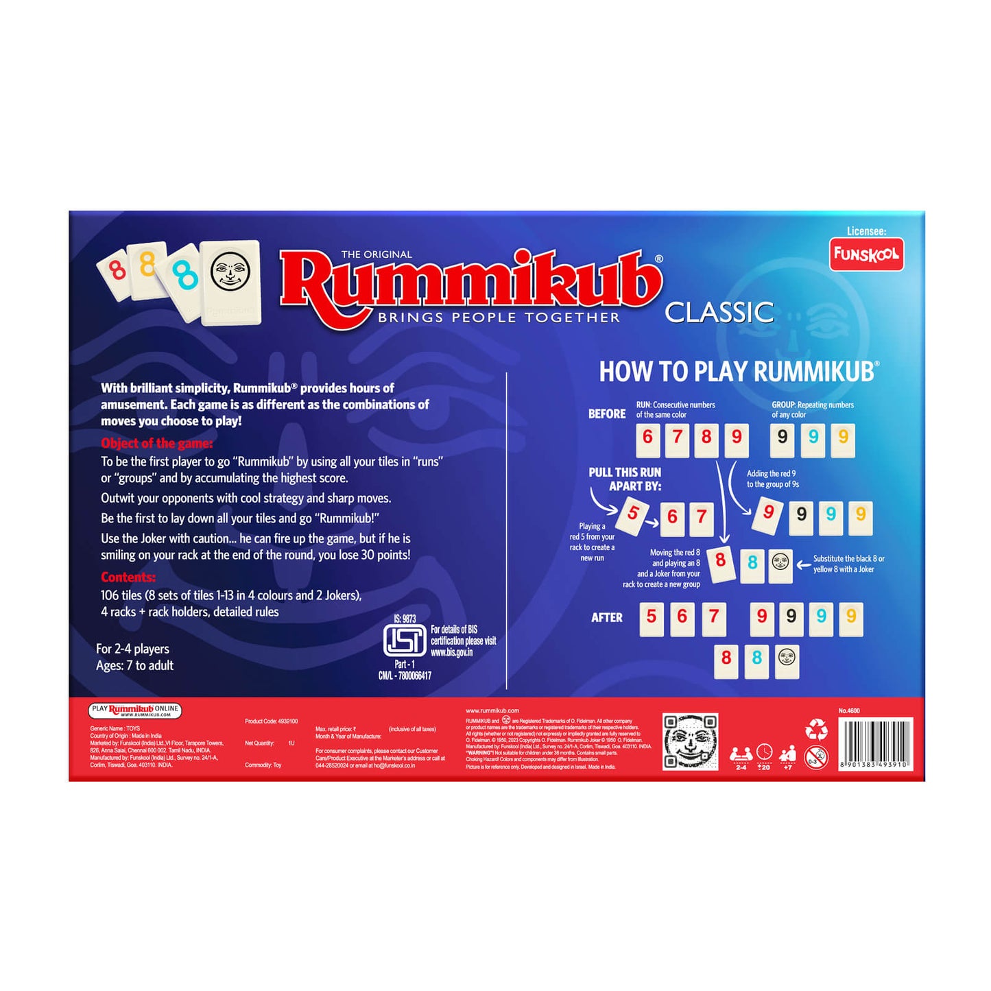 Funskool Original Rummikub Number, Classic Tile Game for Kids, 2-4 Players, Educational, Fun & Engaging, Perfect for Family Game Nights, Fast-Paced and Easy to Learn, Gift Set for Kids, Ages 7+ Years