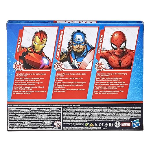 Marvel Action Figure Toy 3-Pack, 6-inch Figures, Iron Man, Spider-Man, Captain America, for Kids Ages 4&Up