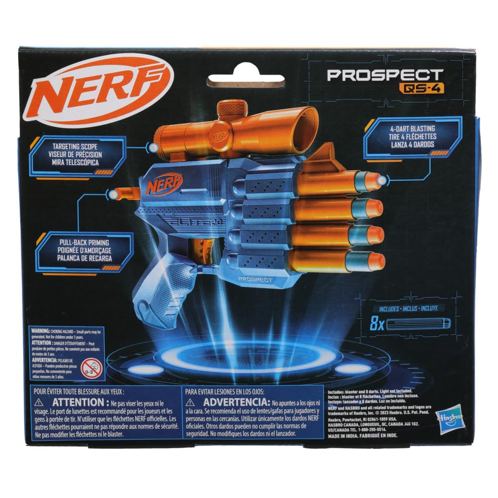 Nerf Elite 2.0 Prospect Qs-4 Blaster, 8 Official Nerf Elite Darts, 4-Dart Blasting, Nonremovable Targeting Scope, Pull-Back Priming, 8Yrs+