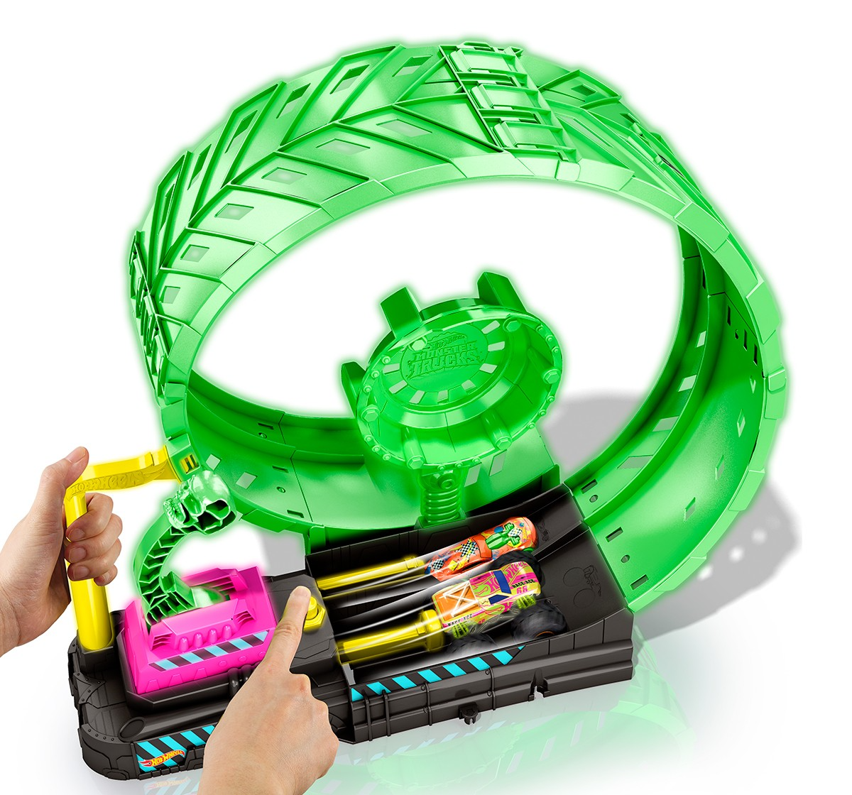 Hot Wheels® Monster Trucks Glow in The Dark Epic Loop Challenge™ Playset with Launcher, Ramp & Giant Loop, Includes 1 1:64 Scale Die-Cast Truck & 1 Car, Toy Gift for Kids 4 to 8 Years Old HBN02