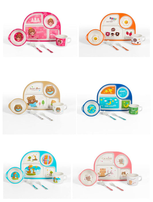 Bamboo Fibre Kids Feeding Set Cute Fast Food Theme Eco Friendly Crockery Dining Set for Babies, New Born Baby Utensils and Dishes Kids by Anaaya Creations (Set of 5 Pcs)