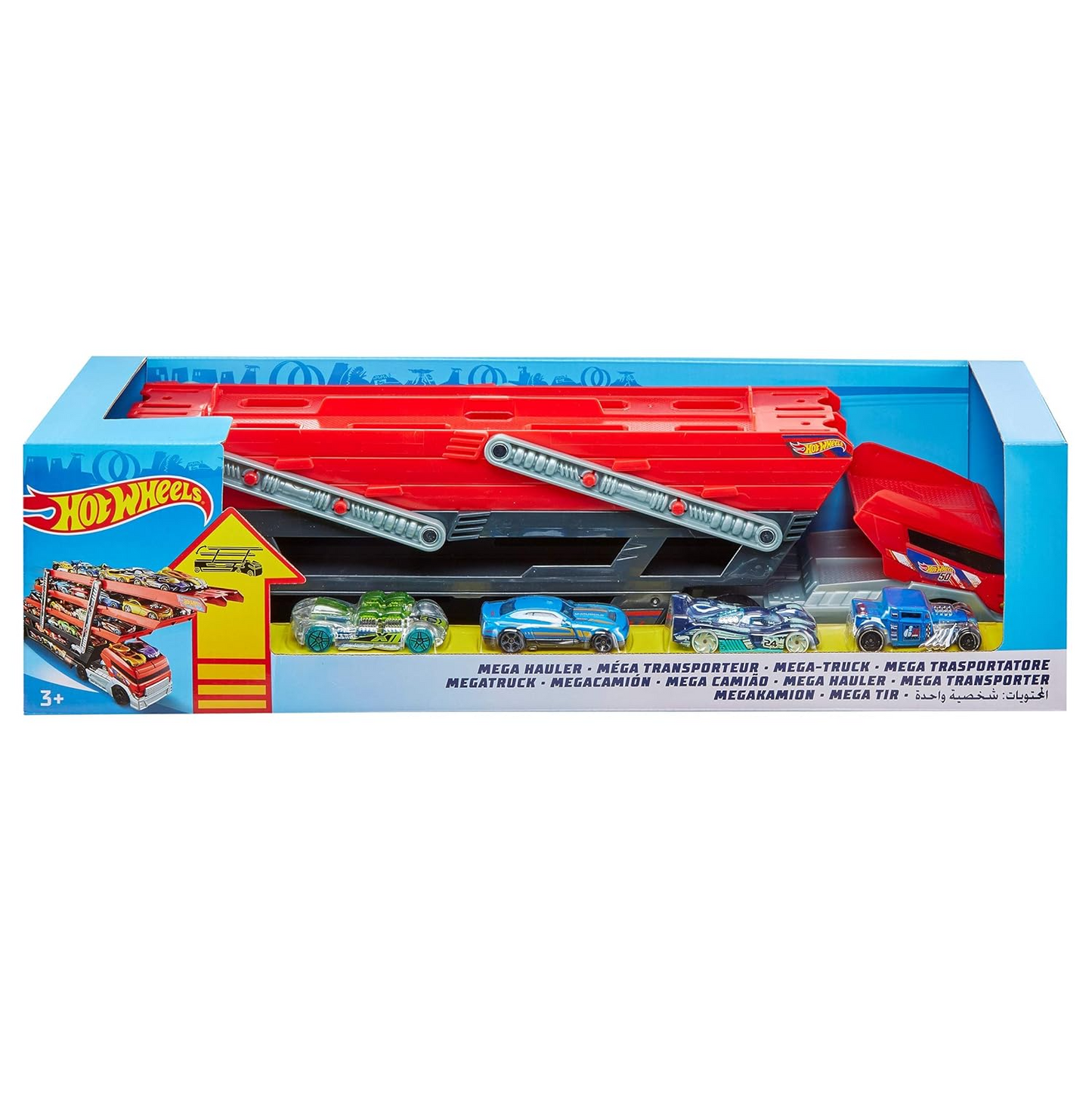 HOT WHEELS MEGA HAULER with 4 Exclusive Hot Wheels Cars FPM81