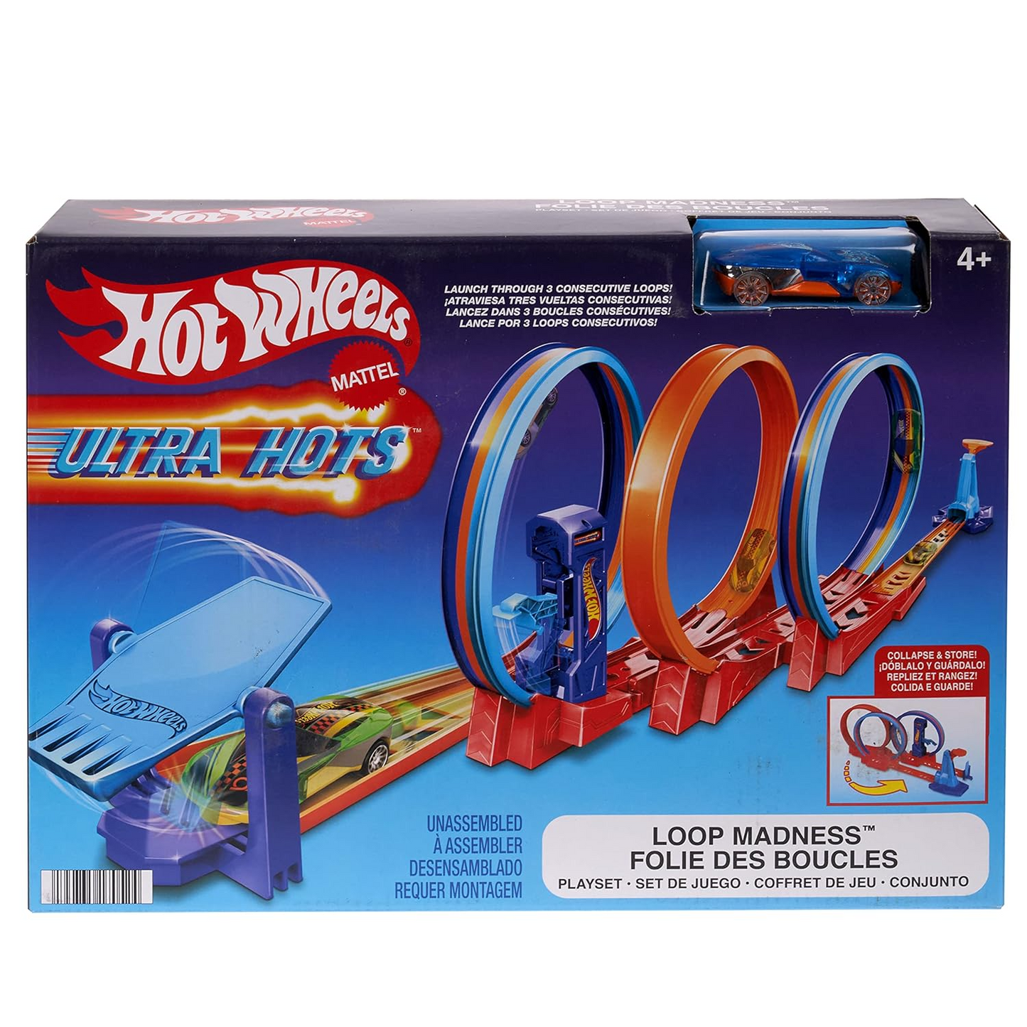 Hot Wheels Track Set, Ultra Hots Loop Madness with 3 Loops and 1 Hot Wheels Car in 1:64 Scale, Connects to Other Sets, Collapses for Easy Toy Storage HPX93