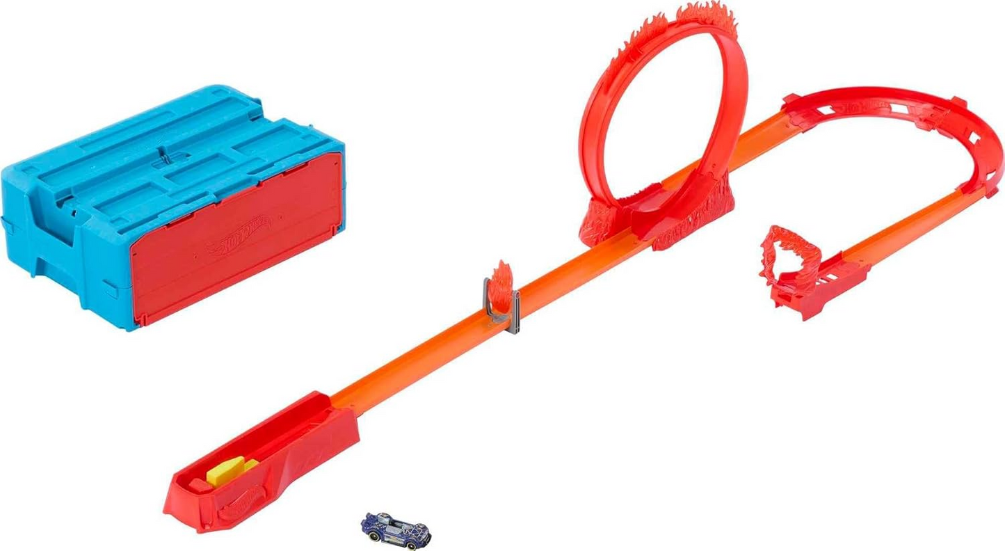 Hot Wheels® Track Set, Fire-Themed Track Set & 1 Hot Wheels® Car, 16 Track-Building and Stunting Components in Stackable Toy Storage Box HMC04