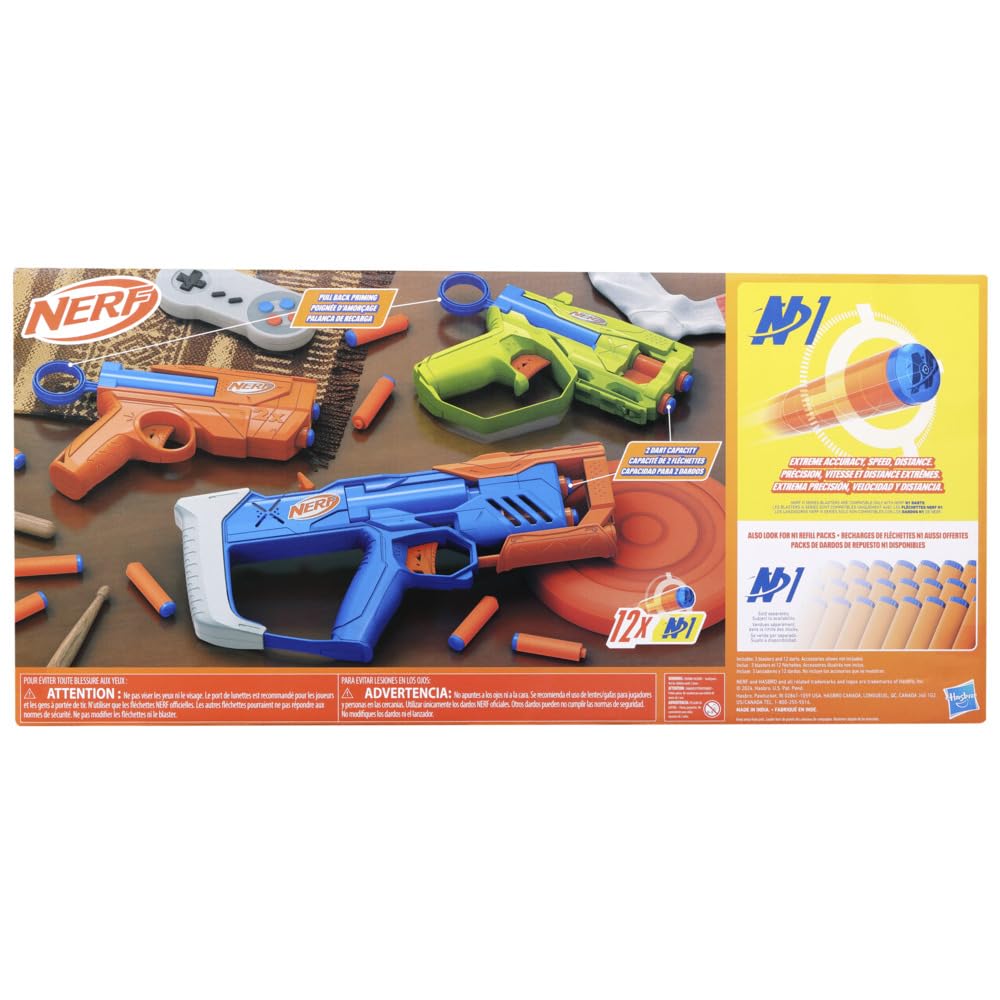 Nerf N Series Triple Action Pack, 3 Blasters, 12 Nerf N1 Darts Compatible Only with Nerf N Series Blasters, Outdoor Games for Kids, Ages 8+