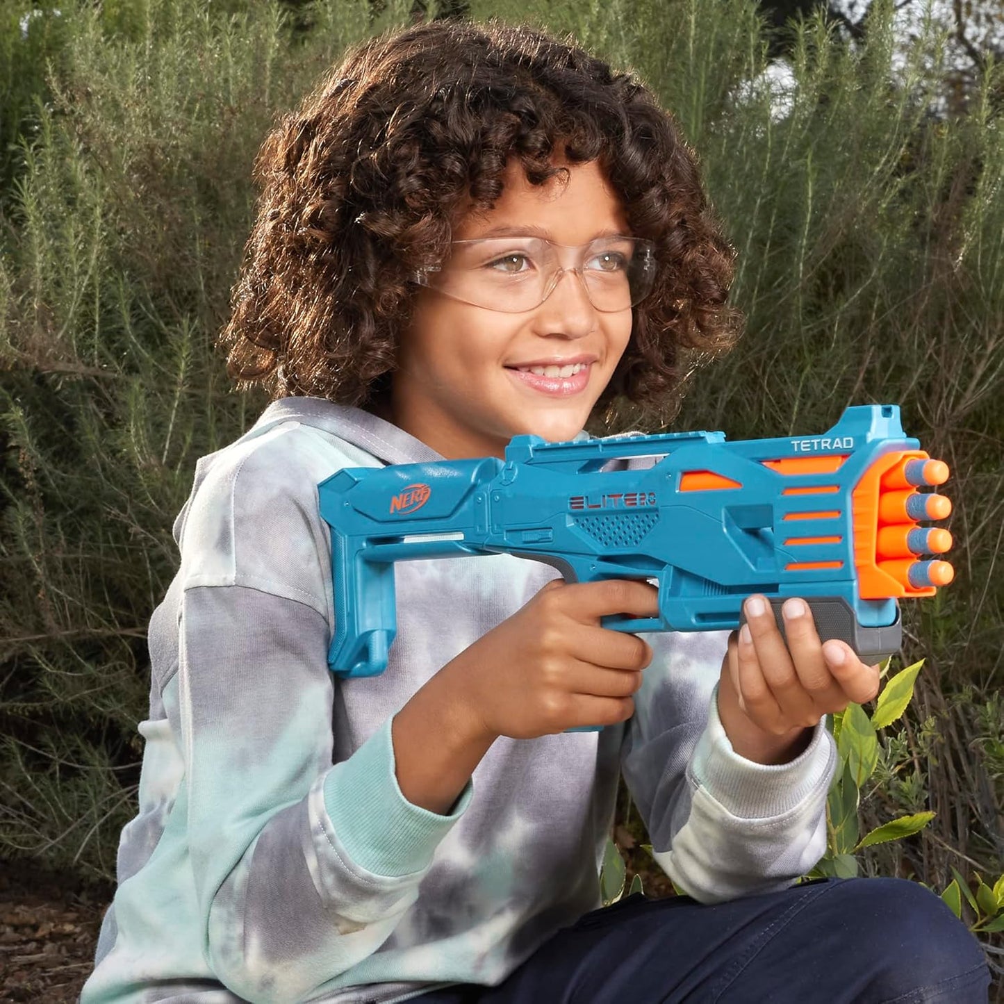 Nerf Elite 2.0 Tetrad QS-4 Blaster, 4 Elite Darts, 4-Barrel Blasting, Tactical Rail for Customizing Capability, Multicolor