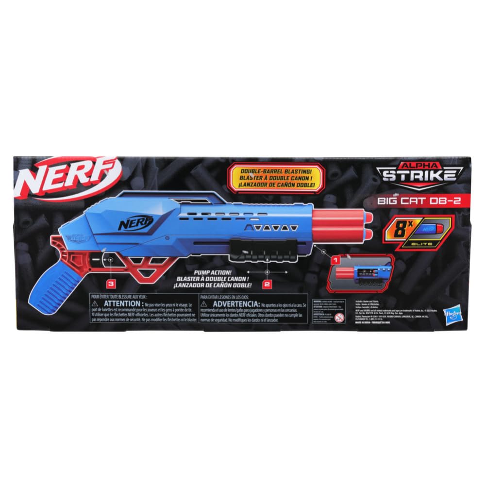 Nerf Alpha Strike Big Cat DB-2 Blaster Double-Barrel Blasting, Fires 2 Darts in a Row Includes 8 Official Nerf Elite Darts, 8Y+