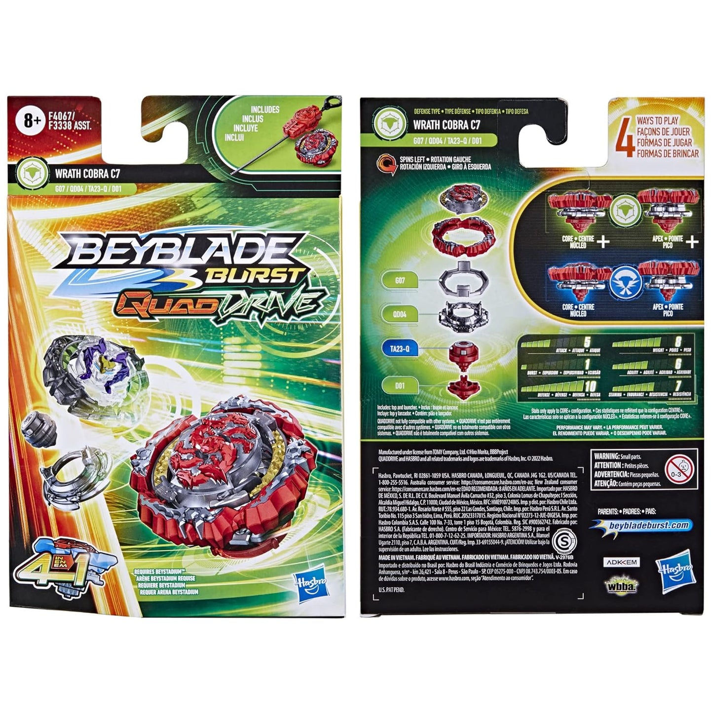 Hasbro Beyblade Burst Quad Drive Wrath Cobra C7 Spinning Top Starter Pack Defense/Attack Type Battling Game With Launcher Multicolour, 8Y+