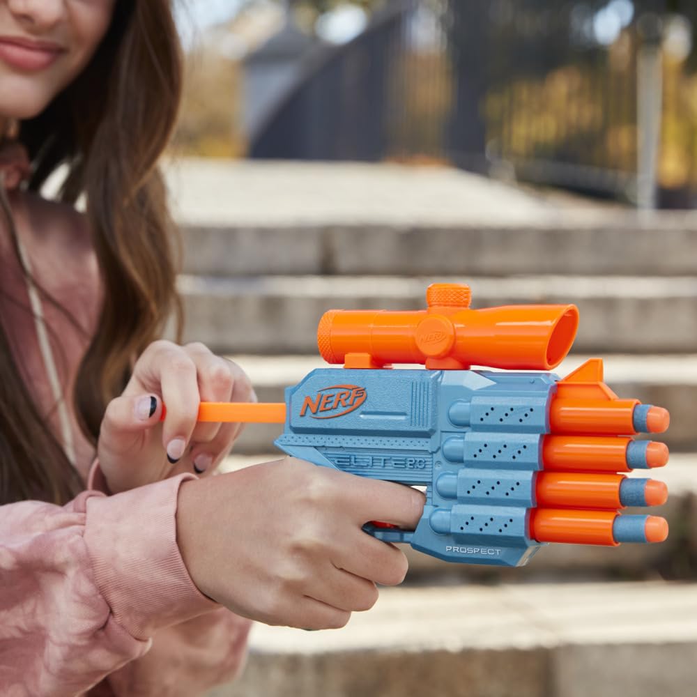 Nerf Elite 2.0 Prospect Qs-4 Blaster, 8 Official Nerf Elite Darts, 4-Dart Blasting, Nonremovable Targeting Scope, Pull-Back Priming, 8Yrs+