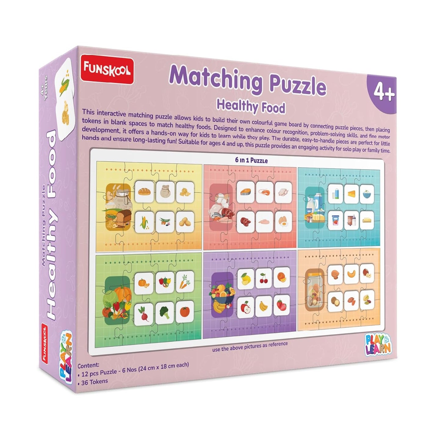 Play & Learn Funskool Healthy Food 6in1 Matching Jigsaw Puzzle Game for Kids, 6x12 Pieces, Educational, Learning & Development, Fun Activity Toy for Childrens, Gift Set for Kid, Age 4+ Years