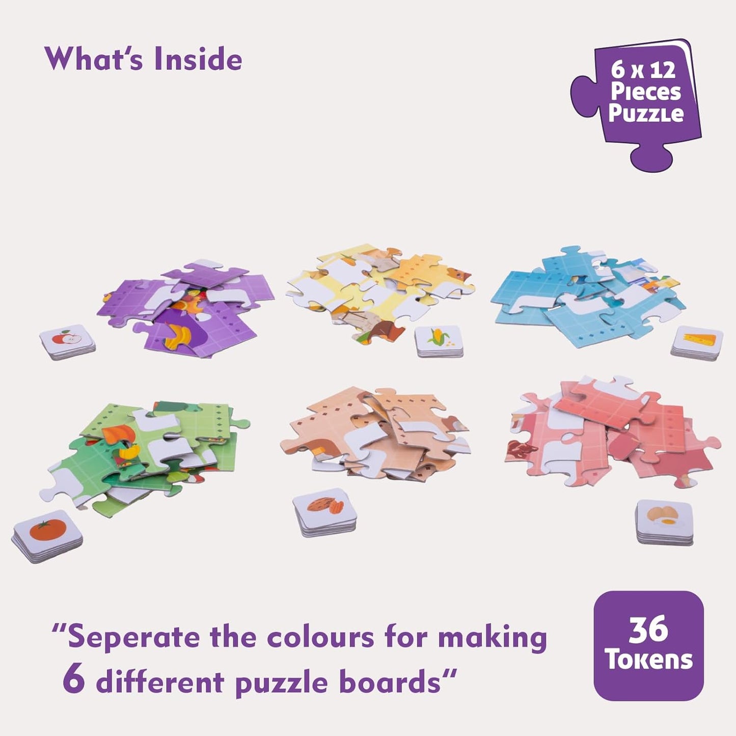 Play & Learn Funskool Healthy Food 6in1 Matching Jigsaw Puzzle Game for Kids, 6x12 Pieces, Educational, Learning & Development, Fun Activity Toy for Childrens, Gift Set for Kid, Age 4+ Years