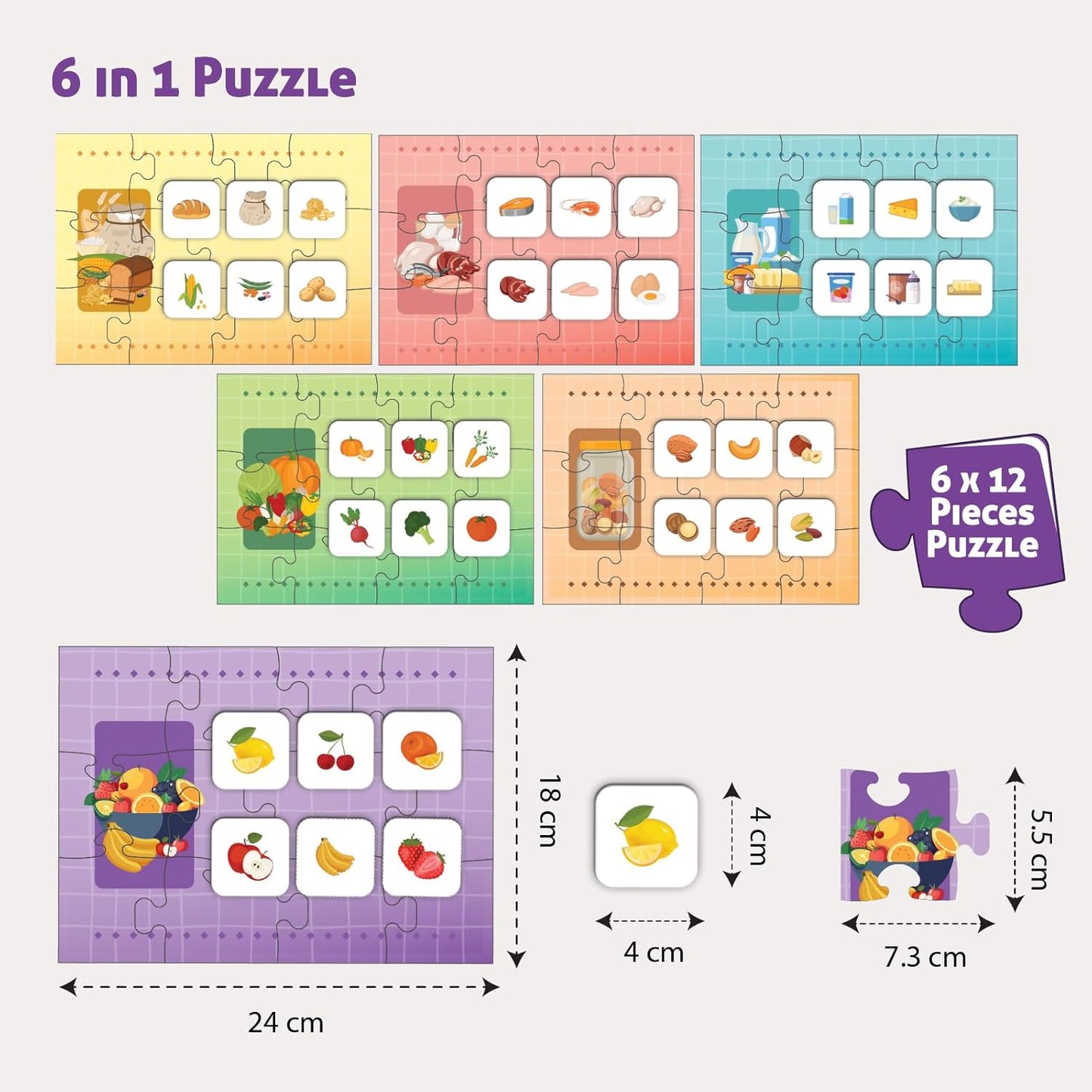 Play & Learn Funskool Healthy Food 6in1 Matching Jigsaw Puzzle Game for Kids, 6x12 Pieces, Educational, Learning & Development, Fun Activity Toy for Childrens, Gift Set for Kid, Age 4+ Years