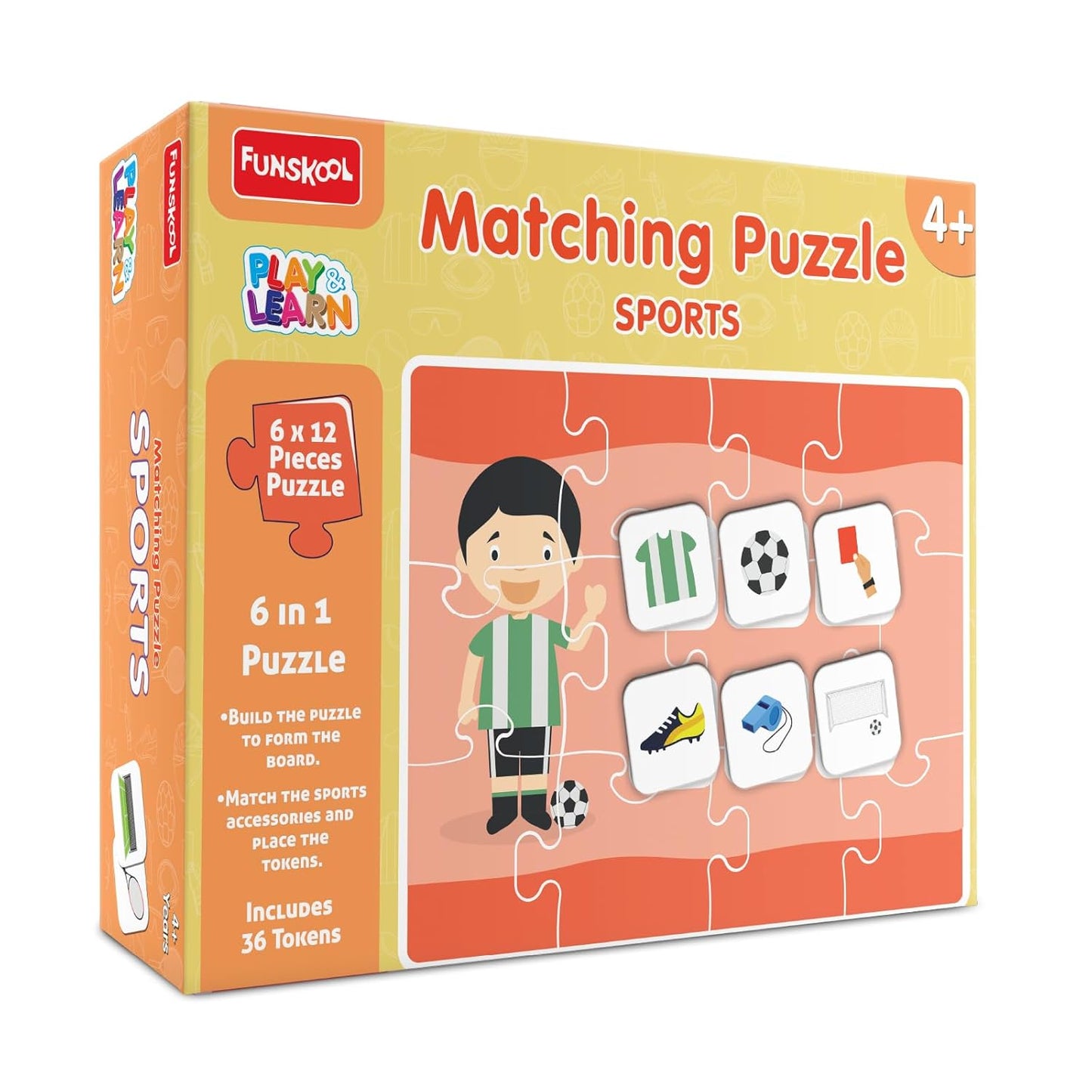 Play & Learn Funskool Sports 6in1 Matching Jigsaw Puzzle Game for Kids, 6x12 Pieces, Educational, Learning & Development, Fun Activity Toy for Childrens, Gift Set for Kid, Age 4+ Years