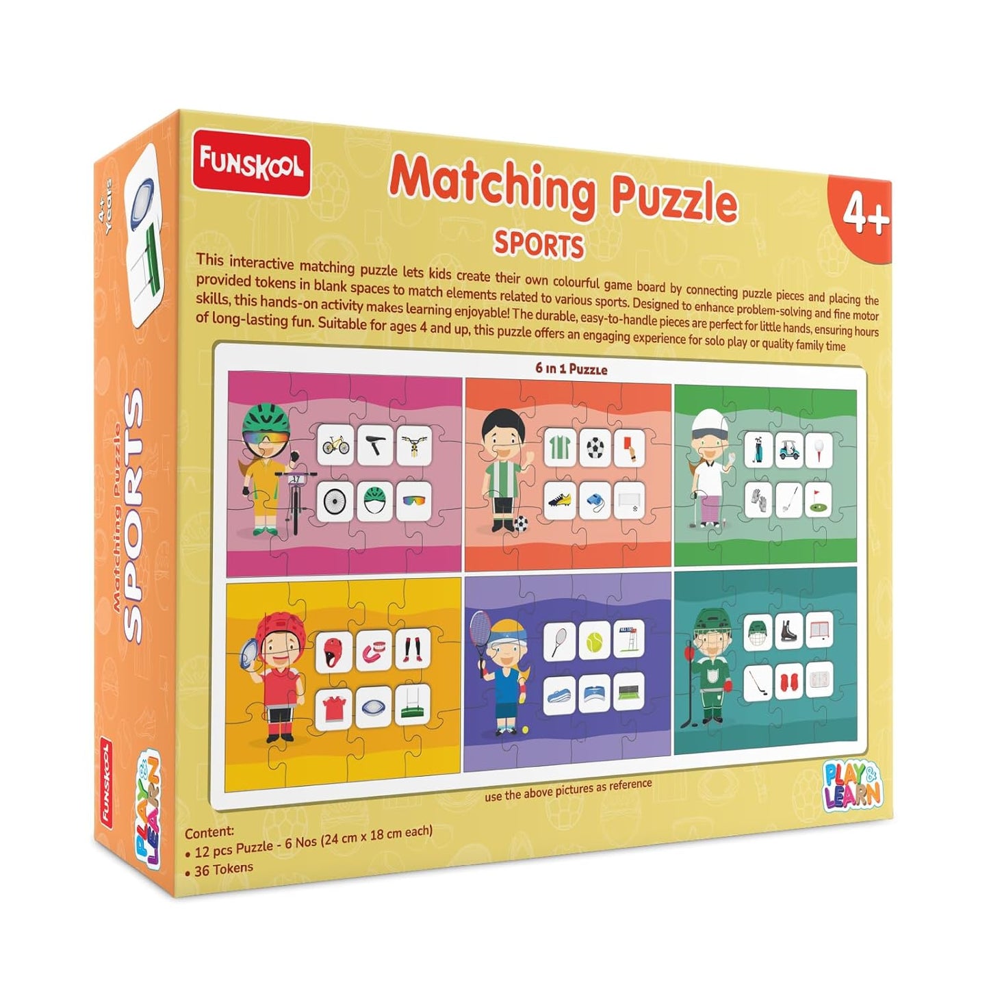Play & Learn Funskool Sports 6in1 Matching Jigsaw Puzzle Game for Kids, 6x12 Pieces, Educational, Learning & Development, Fun Activity Toy for Childrens, Gift Set for Kid, Age 4+ Years