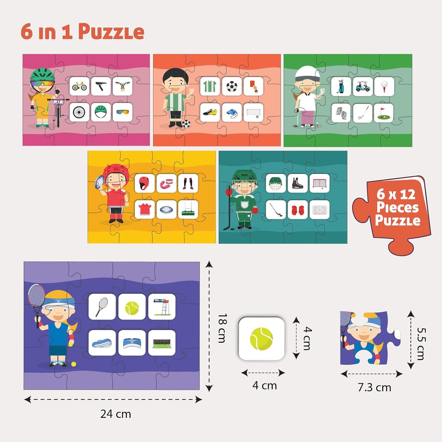 Play & Learn Funskool Sports 6in1 Matching Jigsaw Puzzle Game for Kids, 6x12 Pieces, Educational, Learning & Development, Fun Activity Toy for Childrens, Gift Set for Kid, Age 4+ Years