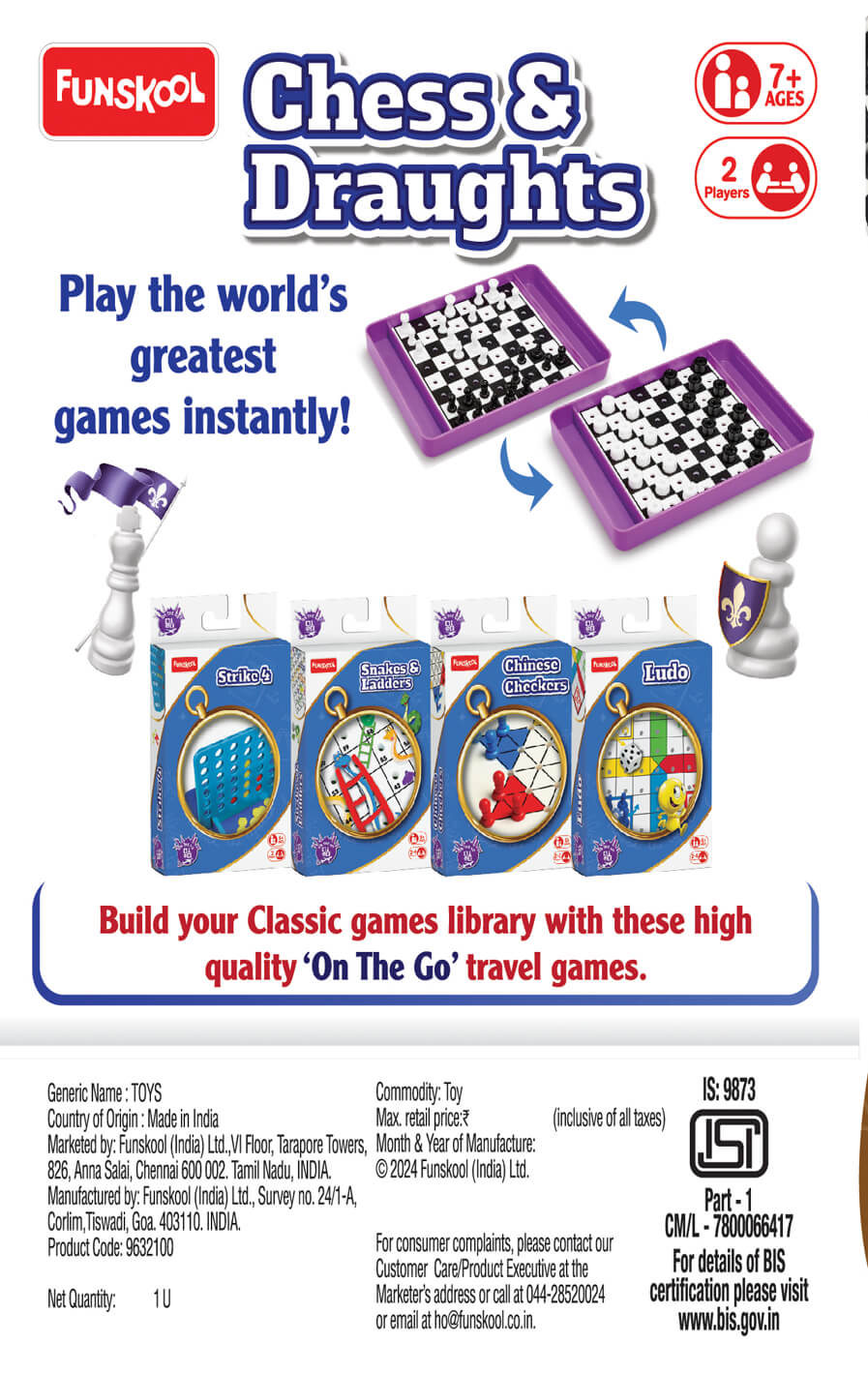 Funskool Games,Travel Chess & Draught, Family,Strategy Board,Toys for Kids, War & Strategy,Portable Classic Travel Games, Kids & Family, 2 Players, Ages 7 & Above, Multicolour