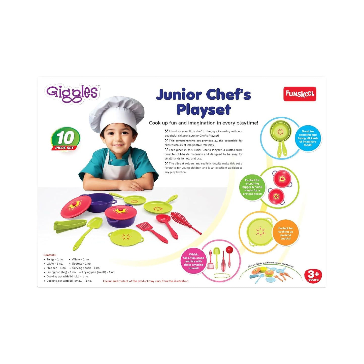 Giggles Funskool Giggles Junior Chef's Playset - Colourful Pretend and Play Cooking Set, Role Play, Toy for Kids, 3 Years and Above, Preshool Toys, 10 Piece Set, Multicolour