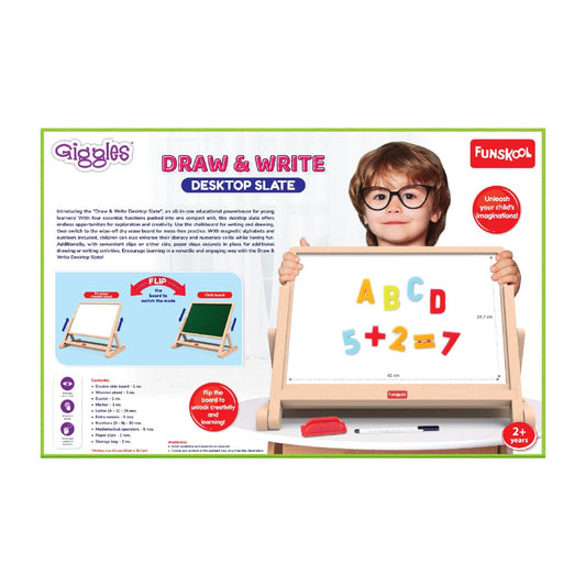 Giggles Funskool Draw N Write Desktop Slate, 4in1 Double Sided Chalk Board for Kids, Alphabet & Numbers, Encourages Learning & Development, Preschool Activity Set, Gift Set for Kid, Ages 3+ Years