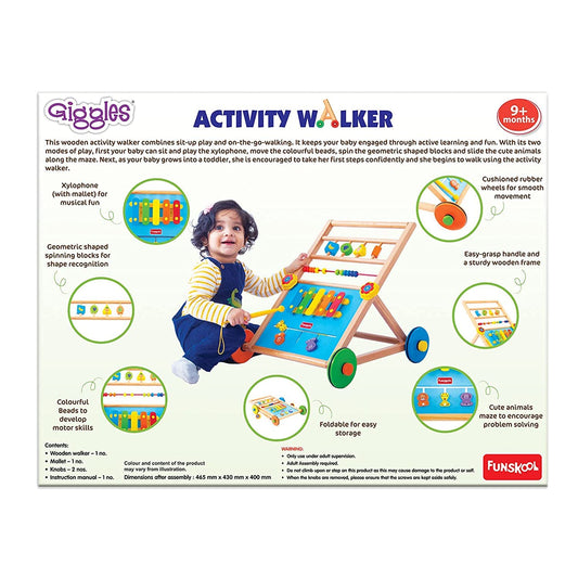 Giggles Funskool Activity Walker for Baby, Learning Toy for Kids with Xylophone, Animal Maze, Counting Beads & Shape Spinner, Build Motor Skill & Encourage Walking, Gift for Infants, Ages 9+ Months